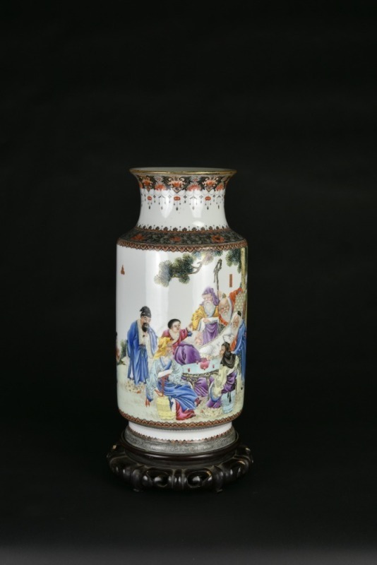 A Famille Rose Cylindrical Vase Depicting the Elegant Gathering at the Orchid Pavilion. Republic Period (Early 20th Century)