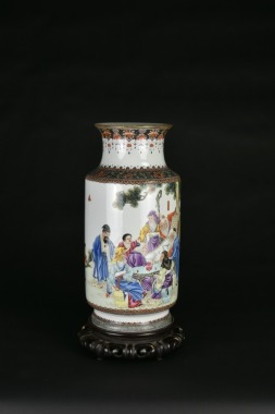 A Famille Rose Cylindrical Vase Depicting the Elegant Gathering at the Orchid Pavilion. Republic Period (Early 20th Century)