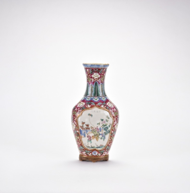 A Famille Rose Wall Vase with Figure Scene. Qianlong six-character mark.