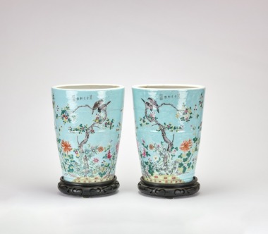 A Pair of Turquoise-Ground Famille Rose Jardini&egrave;res