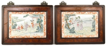 A Pair of Famille Rose Biscuit-Relief Porcelain Plaques Depicting Elegant Figures in Garden Landscapes