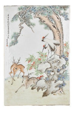 A Shallow-Enamel Porcelain Plaque Depicting Cranes and Deer. Signed Luo Lianbi