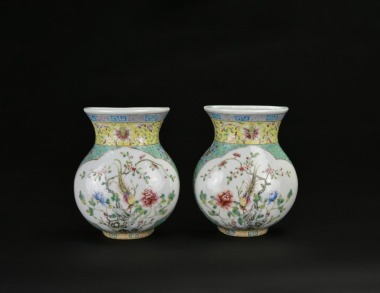 A Pair of Famille Rose Floral and Bird Wall Vases. Republic Period (1920&ndash;1940)