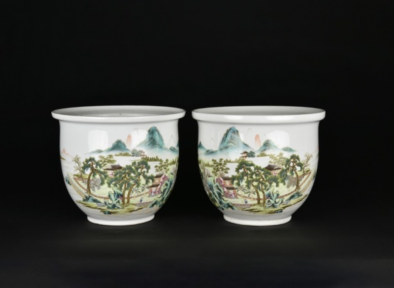 A Pair of Famille Rose Landscape Jardini&egrave;res. Republic Period
