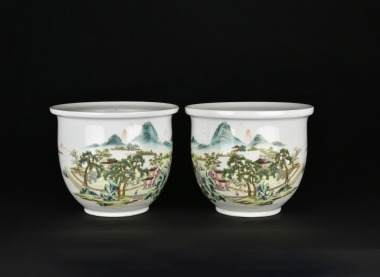 A Pair of Famille Rose Landscape Jardini&egrave;res. Republic Period