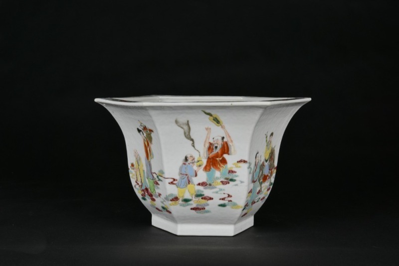 A Famille Rose Hexagonal Jardini&egrave;re with Immortals