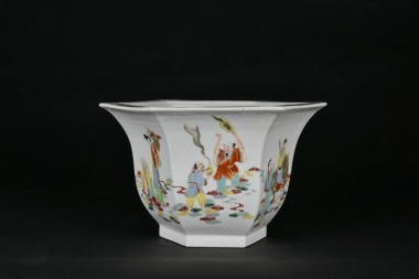 A Famille Rose Hexagonal Jardini&egrave;re with Immortals
