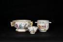 A Group of Three Chinese Export Famille Rose Porcelain Tea Wares with Figural Decoration. Qing Dynasty