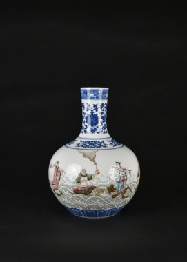 A Blue and White and Famille-Rose &ldquo;Eight Immortals&rdquo; Bottle Vase Apocryphal Qianlong Mark