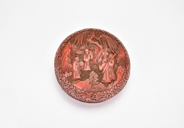 A Carved Cinnabar Lacquer Circular Covered Box with a Gathering of Scholars. Qing Dynasty
