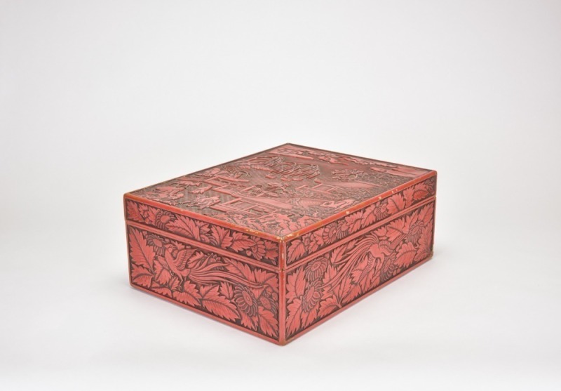 A Carved Cinnabar Lacquer Rectangular Box with Landscape and Phoenix Decoration. Late Qing &ndash; Early Republic Period