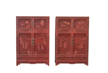 A Pair of Finely Carved Red-Lacquer Cabinets with Figural and Auspicious Motifs. Late Qing Dynasty
