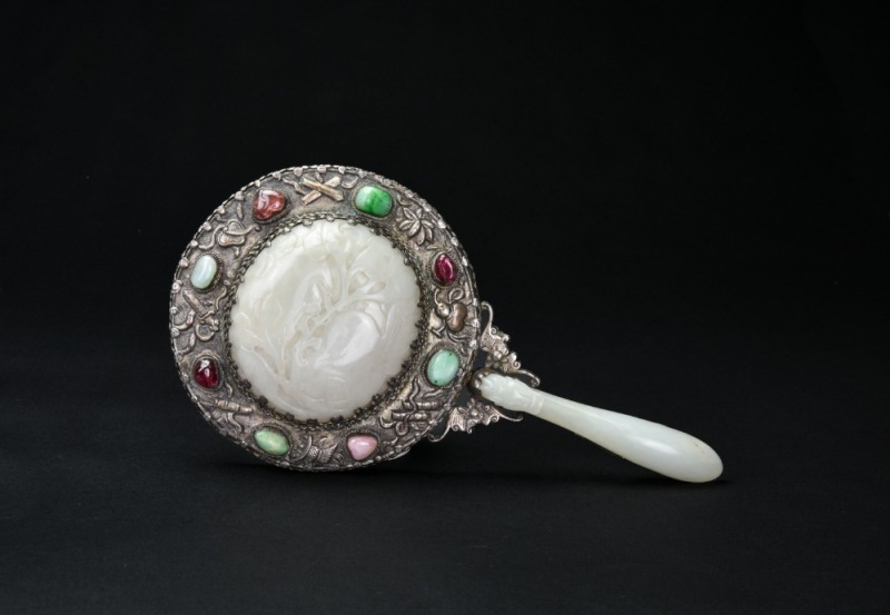 A Silver-Mounted White Jade Hand Mirror