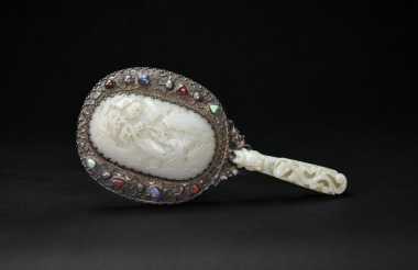A Silver-Mounted White Jade Hand Mirror with Figural Landscape