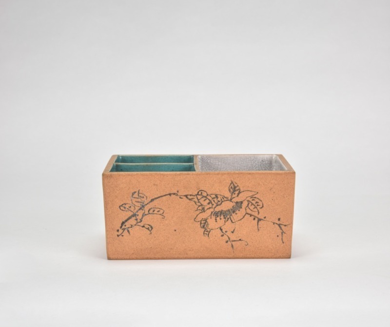 A Yixing Zisha &lsquo;Flowers And Calligraphy&rsquo; Three-Compartment Scholar&rsquo;s Box