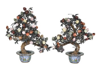 A Pair of Gemstone Peach Trees in Cloisonn&eacute; Planters. Late Qing Dynasty&ndash;Republic Period