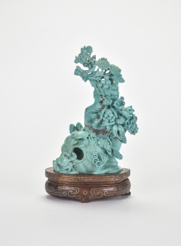 A Carved Turquoise Figure of a Flower Basket and Vase. 20th Century
