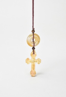 A Honey Jadeite Cross Pendant Suspended from a White Jadeite Bi Disc