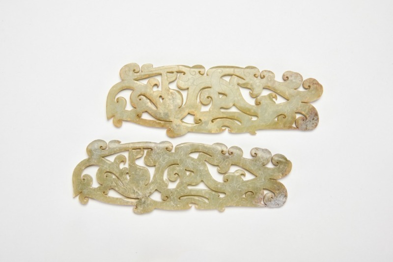 A Pair of Large Openwork Jade Plaques With Interlaced Dragon-and-Phoenix Design, Eastern Zhou Dynasty