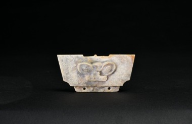 A Rare Carved Jade Crown-Shaped Ornament with Anthropomorphic Mask, Liangzhu Culture