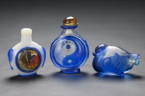 Qing-A Group Of Three Blue Glass Snuff Bottles