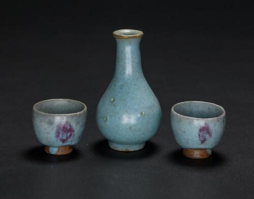 Yuan/Ming-A Junyao Blue Glazed Wine Bottle And Two Cups