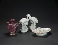 Late Qing/Republic-A Pair Of White Glaze Crane, A Famille Glaze Dish And Red Glaze Water Jar (Total 4 Piece )