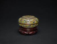 Late Qing / Republic-A Jadeite Carved Lotus Brush Washer (Wood Stand)