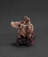 Qing-A Soapstone Carved Boy Ride On Ox With Wood Stand