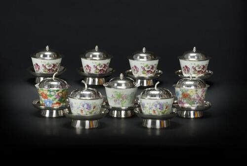 Republic-A Set Of Nine Tea Cups with Silver Cover And Silver Stands (9 piece)