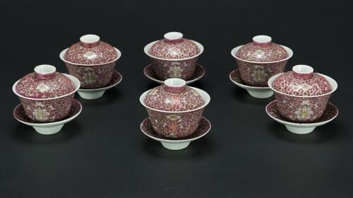 Republic-A Set Of Six Red Ground ‘Floral’ Cups With Covers And Stands (6 Piece)