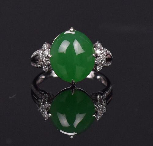 A Silky Smooth Bright Green Jadeite Diamond Ring