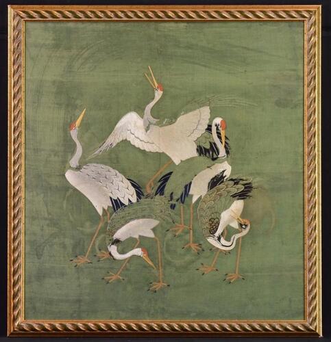 Late Qing/Republic-An Embroidered ‘Five Cranes’ Framed