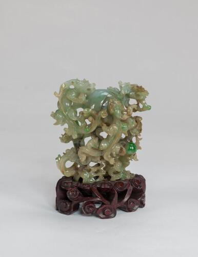 Qing-A Jadeite Carved Five Dragon Chase Pearl (Wood Stand)