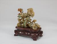 Qing-A Jadeite Carved Grasshoppers And Flower (Wood Stand)