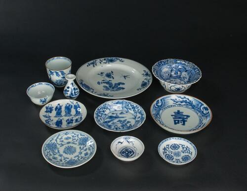 Qing-A Group Of 11 Blue And White Dishes And Bowl (Some With Mark)