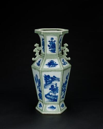 Qing-A Beautiful Celadon-Glazed Ground With Blue And White &#8216;Landscape, Flowers&#8217; Hexagonal Vase
