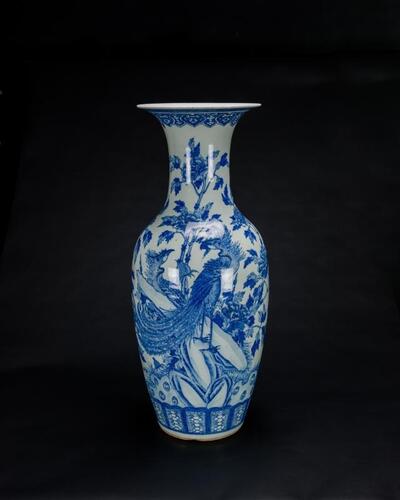 Late QingA Large Blue And White &#8216;Phoenix,Peony&#8217; Vase