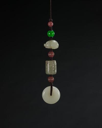 Qing-A White Jade Carved Gold Coin And Beast String Together