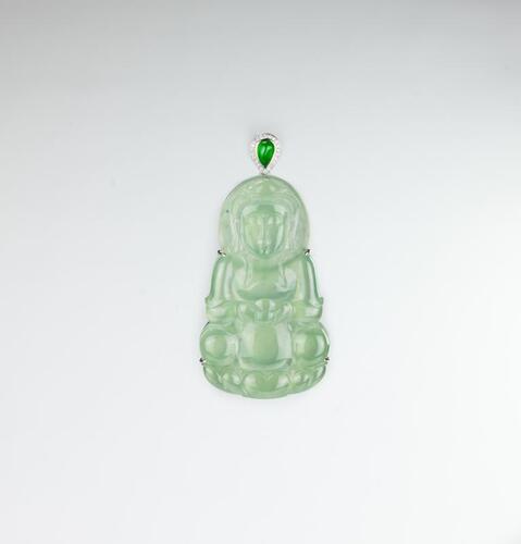 A Full Green Glassy Jadeite Jade Guanyin Pendant