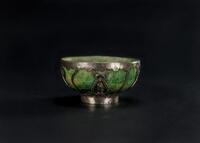 Qing-A Greenish Jade Bowl Insert Silver Holder With Engraved Guanyin