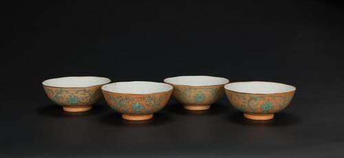 Late Qing/Republic- A Group Of Four Famille Glazed Green Interlocking Lotus Bowls