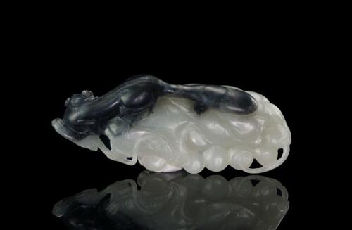 Qing A Black and White Jade Carved Squirrel and Grapes