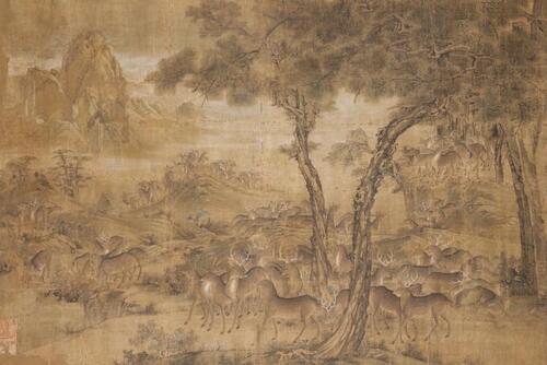 Ming or Earlier-A Hundred Deers Ink And Color On Silk