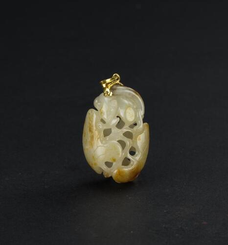 Qing - A Russet White Jade Carved Squirrel And Grapes Pendant