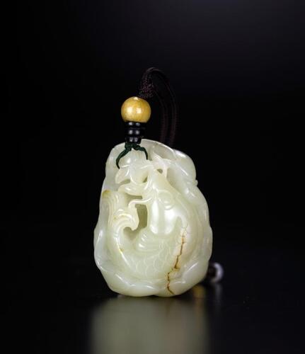 Qing-A White Jade Carved Lotus Koi Pendant