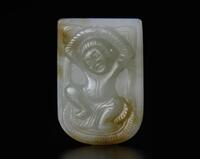 Tang Style (Possible Tang)A Green White Jade Carved‘Figure’Belt Pendant