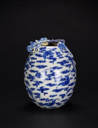 Late Qing-A Blue And White‘Chilung,Fu’ Egg Shape Vase (Wood Stand)