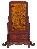 Qing - A Wood Red-Glazed Carved and 16 Louhan Painted Screen