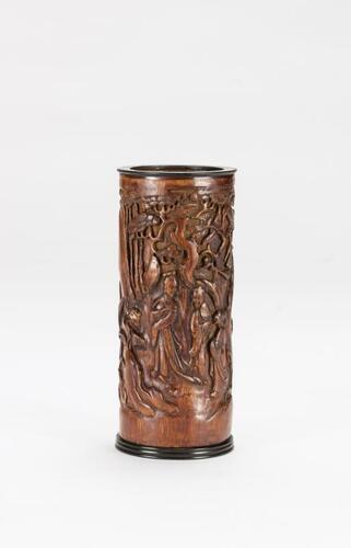 Qing - A Bamboo Carved Figures And Landscrpe Brush Pot